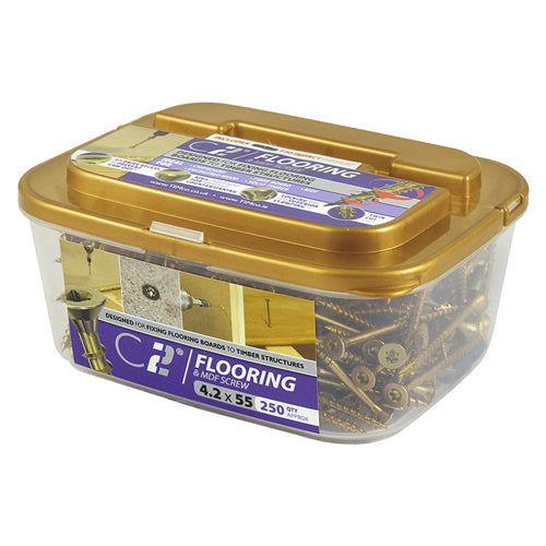 TIMCO C2 Flooring-Fix Premium Flooring & MDF Gold Woodscrews - 4.2 x 55 Tub OF 250 - 42055C2MDF