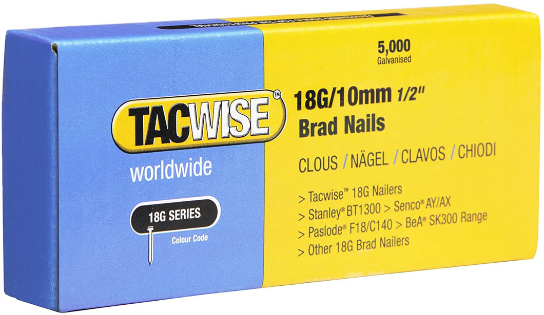 Tacwise 18G/10mm Brad Nails, 0392, 18G Brad Nails, Pack of 5,000, Galvanised